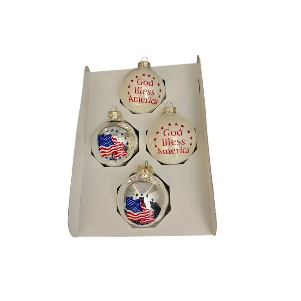 Box 4 God Bless America Patriotic Glass Christmas Ornaments Made USA 2.5